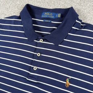 Polo Ralph Lauren Polo Shirt Mens Large Navy Blue White Striped Classic Fit
